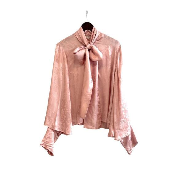 Millie Womens XL Top in Pink Jacquard Tie Neck Layered Sleeves Button-Up NWOT - Picture 6 of 14